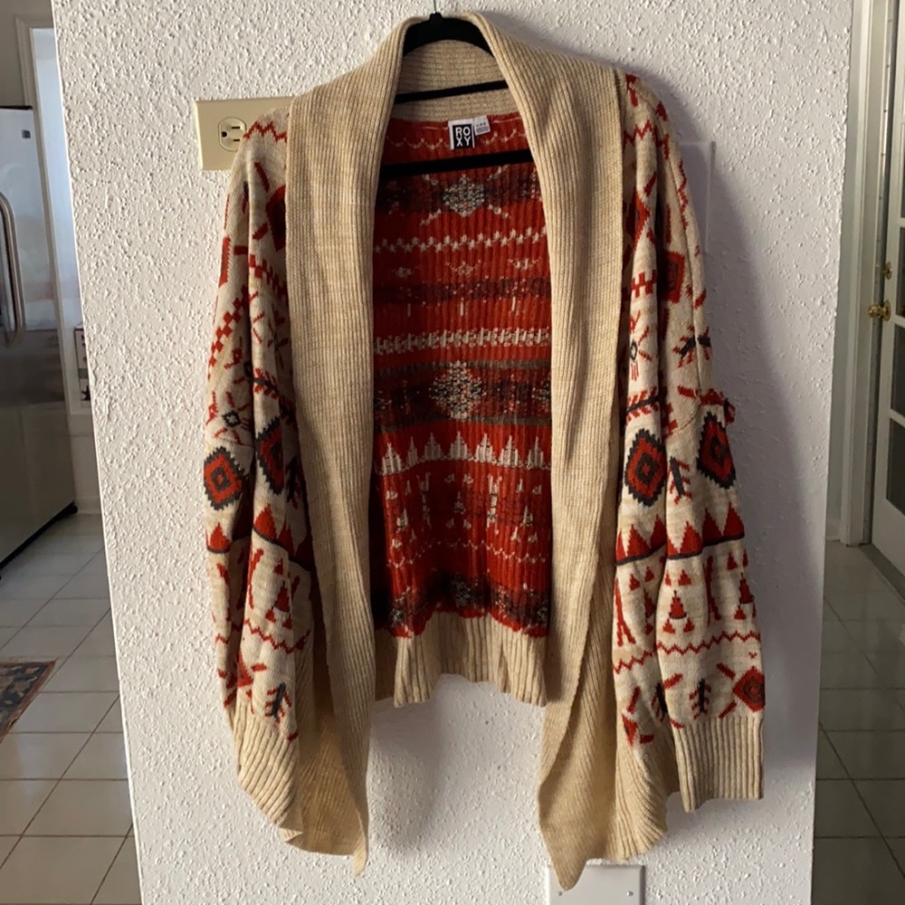 Roxy Aztec Open Front Knit Cardigan Sweater Size Large